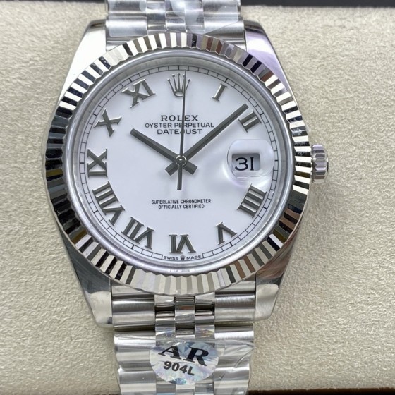 Datejust series men's and women's watches, white dial, silver bezel, 36mm and 41mm sizes, silver five-link bracelet.