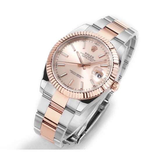 Datejust series men's watch, pink dial, rose gold bezel, 41mm, two-tone Oyster bracelet.
