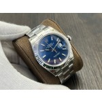 Datejust series men's and women's watches, blue dial, silver bezel, 36 and 41mm sizes, silver Oyster bracelet.