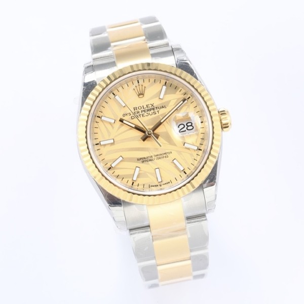 Datejust series women's watch, gold dial, gold bezel, 36mm, two-tone Oyster bracelet.