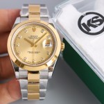 Datejust series men's watch with diamonds, gold dial, gold bezel, 41mm, two-tone Oyster bracelet.