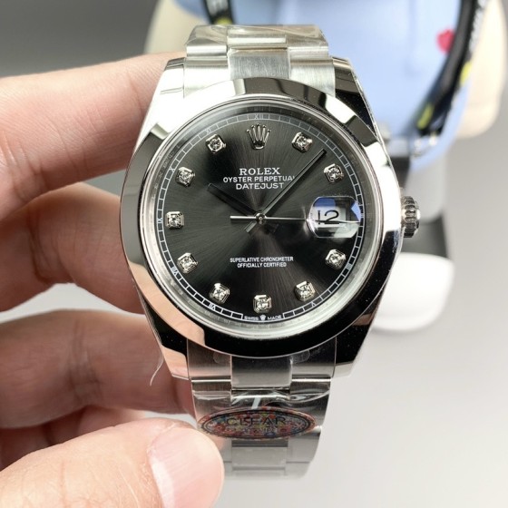 Datejust series men's watch with diamonds, black dial, silver bezel, 41mm, silver Oyster bracelet