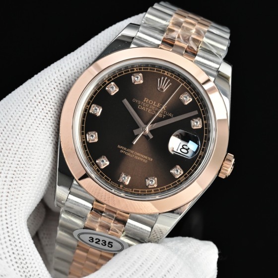 Log Series men's watch with diamonds, chocolate-colored dial, rose gold bezel, 41mm case, and two-tone five-link bracelet.