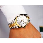 Datejust series men's watch, silver dial, gold bezel, 41mm, two-tone Oyster bracelet.
