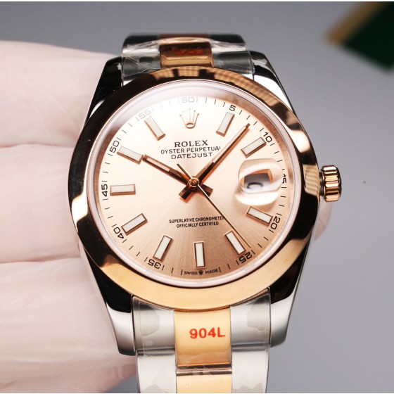 Datejust series men's watch, rose gold dial, rose gold bezel, 41mm, two-tone Oyster bracelet.