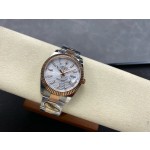 Log Series men's watch, wave-patterned silver dial, rose gold bezel, 41mm, two-tone Oyster bracelet.
