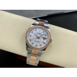 Datejust series women's watch with diamond-set mother-of-pearl dial, diamond-set bezel, 36mm, two-tone Oyster bracelet.