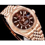 Navigator series men's watch with chocolate dial, rose gold bezel, 42mm case, and rose gold five-link bracelet.