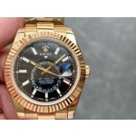 Navigator series men's watch with bright black dial, gold bezel, 42mm case, and gold Oyster bracelet.