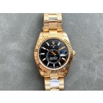 Navigator series men's watch with bright black dial, gold bezel, 42mm case, and gold Oyster bracelet.