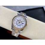 Navigator series men's watch, white dial, gold bezel, 42mm, two-tone Oyster bracelet.