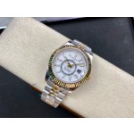 Navigator series men's watch, white dial, gold bezel, 42mm, two-tone five-link bracelet.