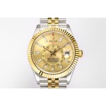 Navigator series men's watch, gold dial, gold bezel, 42mm, two-tone five-link bracelet.