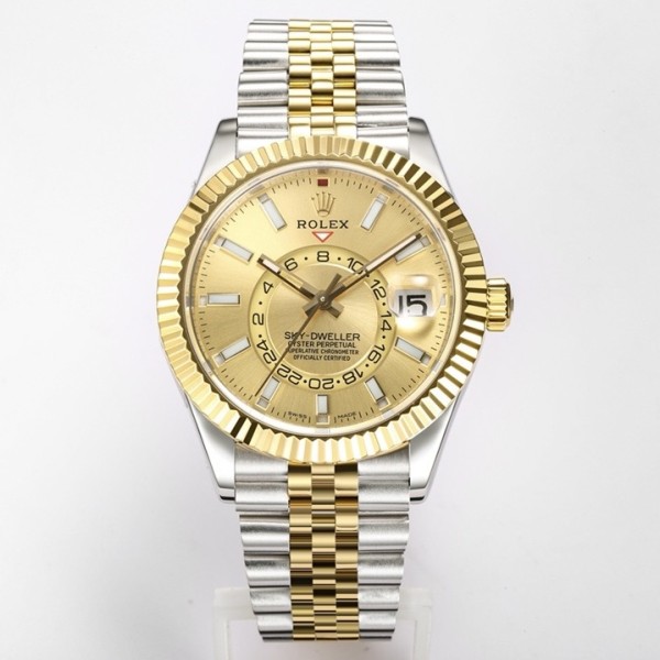 Navigator series men's watch, gold dial, gold bezel, 42mm, two-tone five-link bracelet.