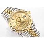 Navigator series men's watch, gold dial, gold bezel, 42mm, two-tone five-link bracelet.