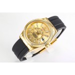 Navigator series men's watch, gold dial, gold bezel, 42mm, rubber strap.