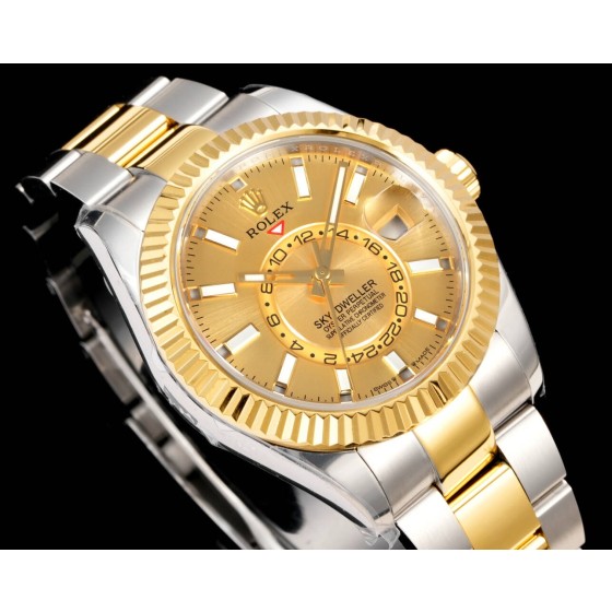 Explorer series men's watch, gold dial, gold bezel, 42mm, two-tone Oyster bracelet.