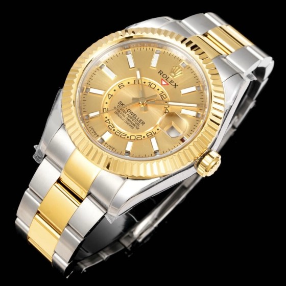 Explorer series men's watch, gold dial, gold bezel, 42mm, two-tone Oyster bracelet.