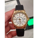Navigator series men's watch, white dial, rose gold bezel, 42mm, rubber strap.