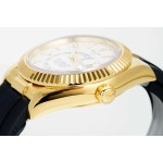 Navigator series men's watch, white dial, gold bezel, 42mm, rubber strap.