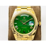 Sunday date display series men's watch, green dial, gold bezel, 40mm, gold President-style bracelet.
