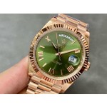 Sunday date display series men's watch, olive green dial, rose gold bezel, 40mm, rose gold President-style bracelet.