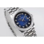 Sunday date display series women's watch, gradient blue dial, silver bezel, 36mm, silver President-style bracelet.