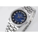 Sunday date display series women's watch, gradient blue dial, silver bezel, 36mm, silver President-style bracelet.
