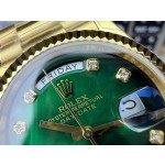 Sunday date display series women's watch with gradient green dial, gold bezel, 36mm case, and gold President-style bracelet.