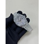 Sunday calendar series men's watch with full diamond dial and diamond-set bezel, 41mm, silver President-style bracelet.