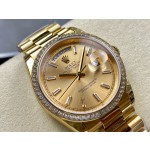 Sunday Calendar series men's and women's watches, gold dial, diamond-set bezel, 36mm and 40mm sizes, gold President-style bracelet.