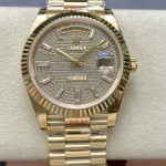 Sunday calendar series men's watch with full diamond dial, gold bezel, 40mm, gold President-style bracelet.