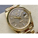 Sunday calendar series men's watch with full diamond dial, gold bezel, 40mm, gold President-style bracelet.
