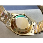 Sunday calendar series men's watch with full diamond dial, gold bezel, 40mm, gold President-style bracelet.