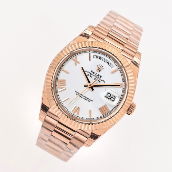 Sunday Calendar Series Men's and Women's Watches, White Dial, Rose Gold Bezel, 36mm and 40mm sizes, Rose Gold President-style Bracelet