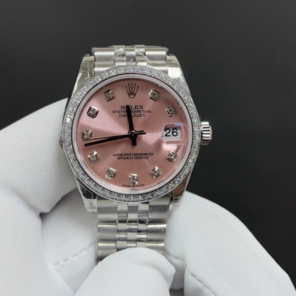 Datejust series, pink dial with diamonds, 31mm, two-tone gold and silver strap.