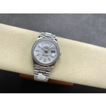 Sunday calendar series women's watch, mother-of-pearl dial, diamond-set bezel, 36mm, silver President-style bracelet.