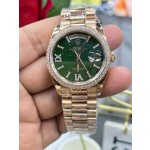 Sunday calendar series women's watch with diamonds, green dial, diamond-set bezel, 36mm, rose gold President-style bracelet.