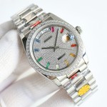 Sunday calendar series women's watch, full diamond dial, diamond-set bezel, 36mm, silver President-style bracelet.
