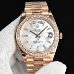 Sunday calendar series men's watch, mother-of-pearl dial, diamond-set bezel, 40mm, rose gold President-style bracelet.