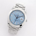 Sunday date display series men's watch, ice blue dial, silver bezel, 40mm, silver President-style bracelet.