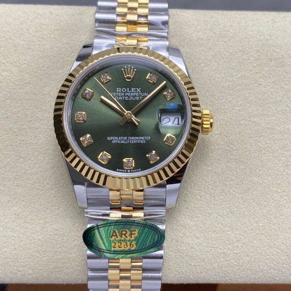 Datejust series, 31mm green dial, two-tone gold and silver strap.