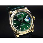 Sunday calendar series women's watch, green dial, gold bezel, 36mm, green leather strap.