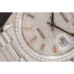 Sunday Calendar series women's watch, full diamond dial, diamond-set bezel, 36mm, with diamond-set silver President-style bracelet.
