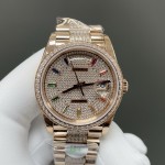 Sunday calendar series women's watch with full diamond dial, diamond-set bezel, 36mm case, and diamond-set rose gold President-style bracelet.
