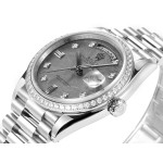 Sunday calendar series women's watch with meteorite-colored dial, diamond-set bezel, 36mm, and silver President-style bracelet.