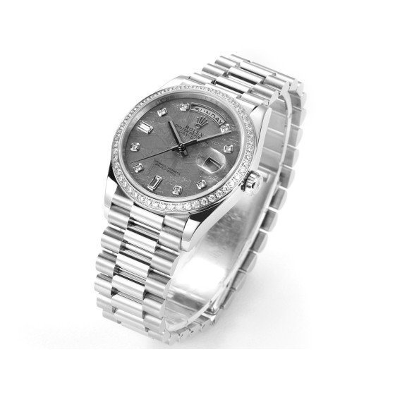 Sunday calendar series women's watch with meteorite-colored dial, diamond-set bezel, 36mm, and silver President-style bracelet.