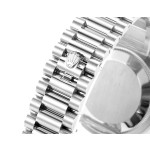 Sunday calendar series women's watch with meteorite-colored dial, diamond-set bezel, 36mm, and silver President-style bracelet.
