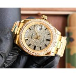 Sunday calendar series men's watch with full diamond dial, diamond-set bezel, 40mm case, and gold President-style bracelet.
