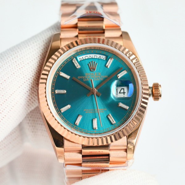 Sunday date display series women's watch, blue-green dial, rose gold bezel, 36mm, rose gold President-style bracelet.